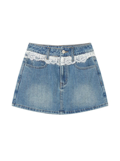 Blue Lace-Trim Denim Skirt