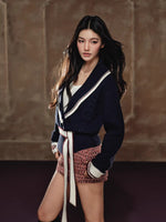 Color-Block Collared Tie-Waist Sweater