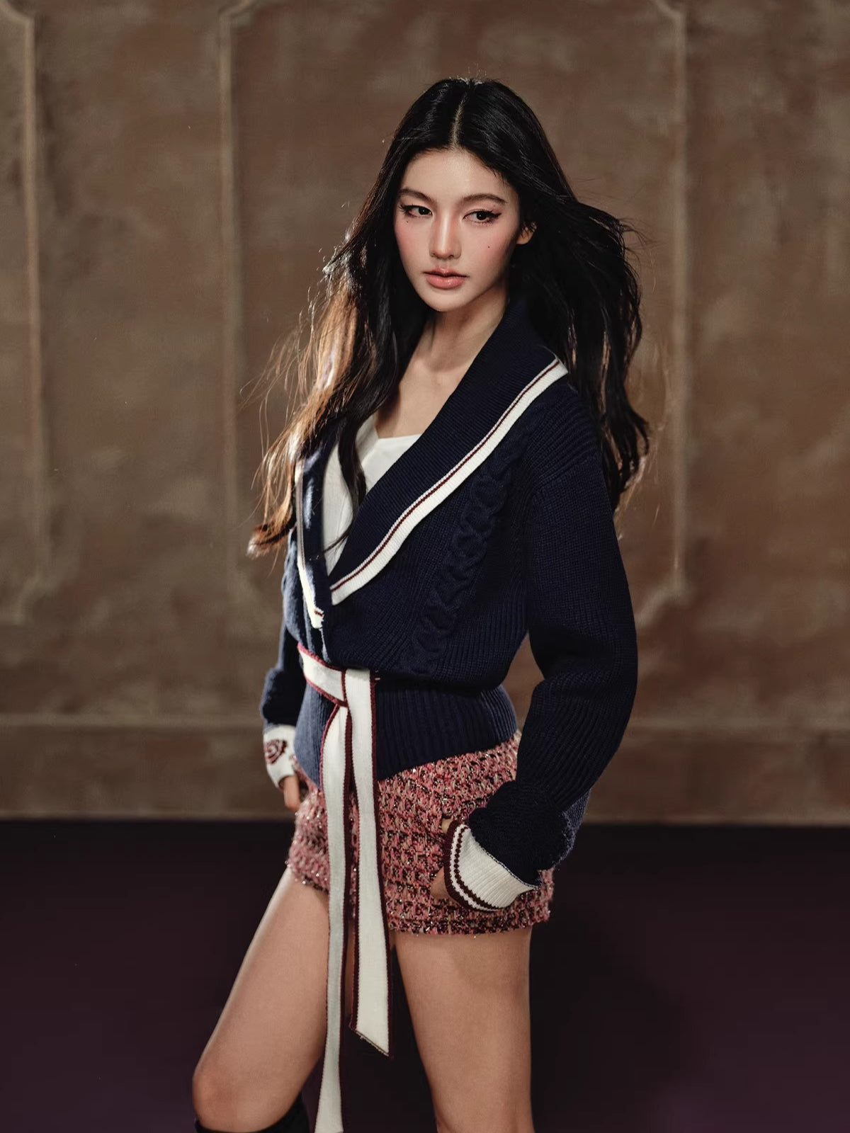 Color-Block Collared Tie-Waist Sweater