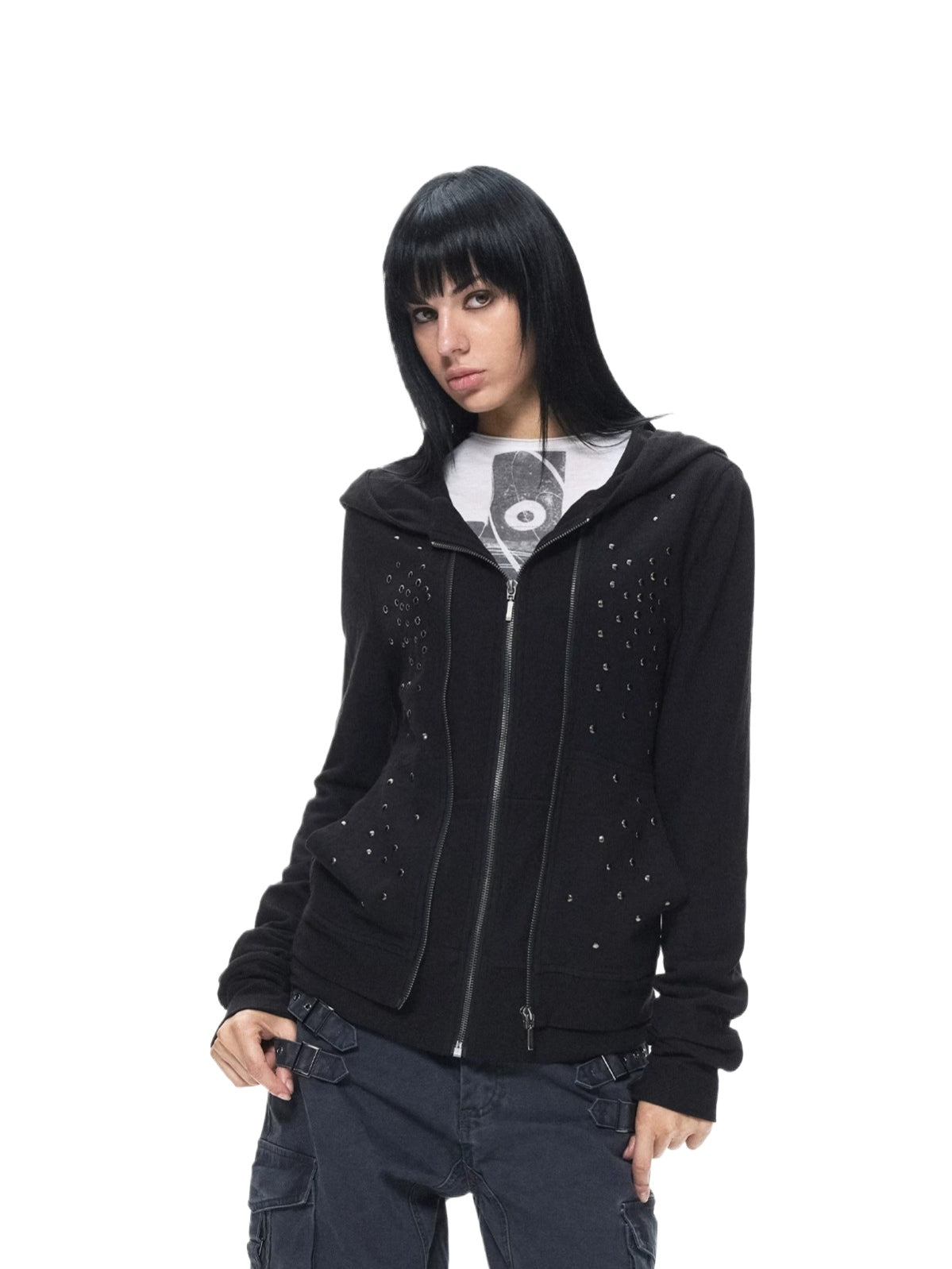 Black Studded Stripe Zip Hoodie