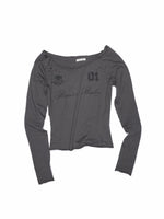 Off-Shoulder Badge Print Long Sleeve T-shirt
