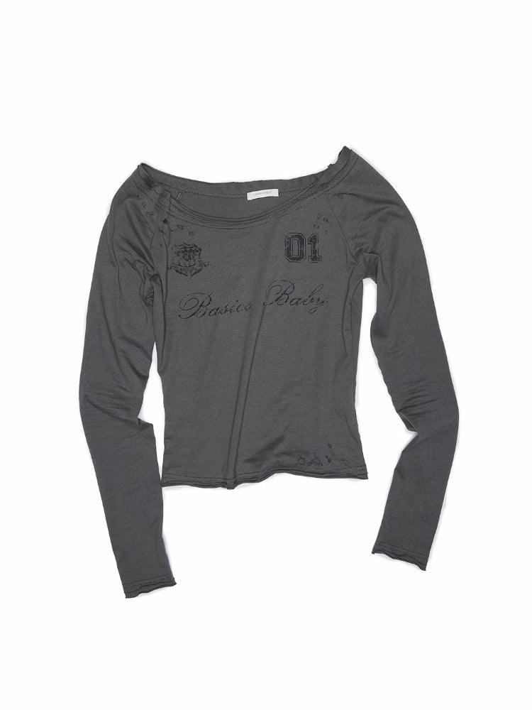 Off-Shoulder Badge Print Long Sleeve T-shirt
