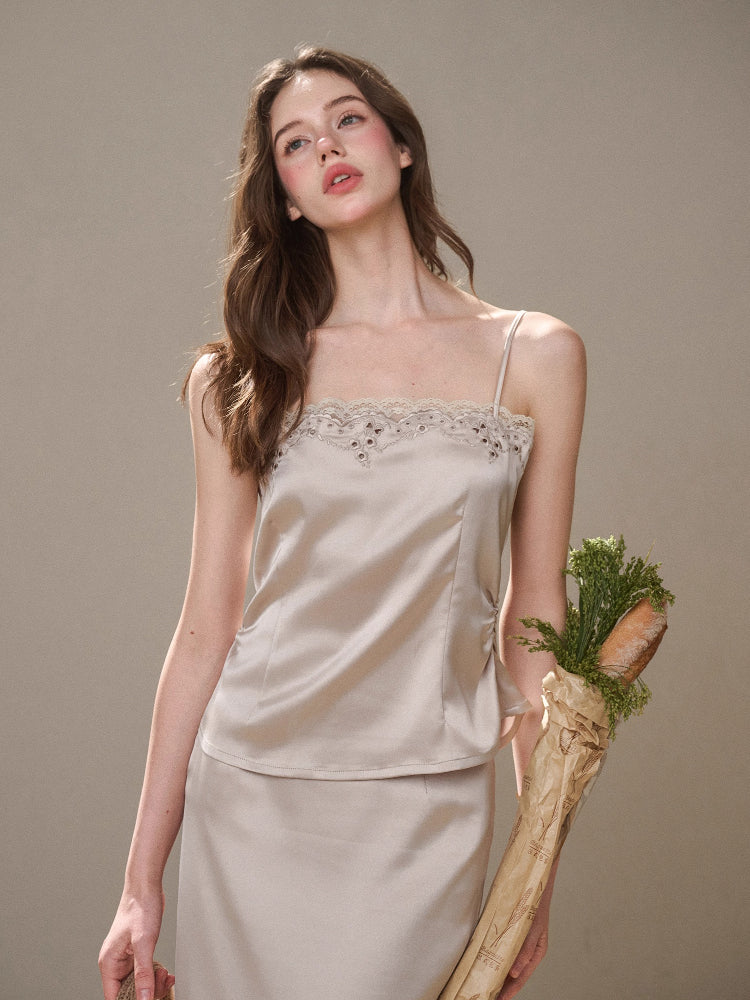 Cosagach Pearl Satin Embroidered Camisole &amp; Skirt Set