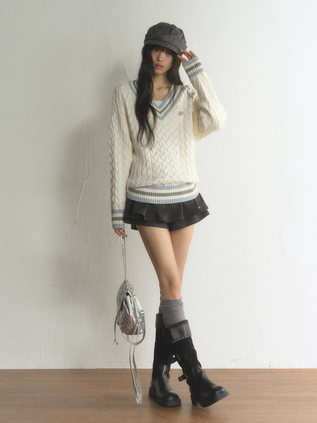 Preppy Contrast V-Neck Cable-Knit Sweater