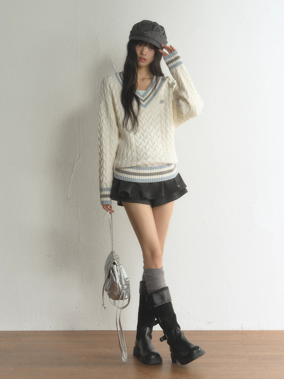 Preppy Contrast V-Neck Cable-Knit Sweater