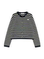 Wool Blend Striped Crewneck Knit Cardigan