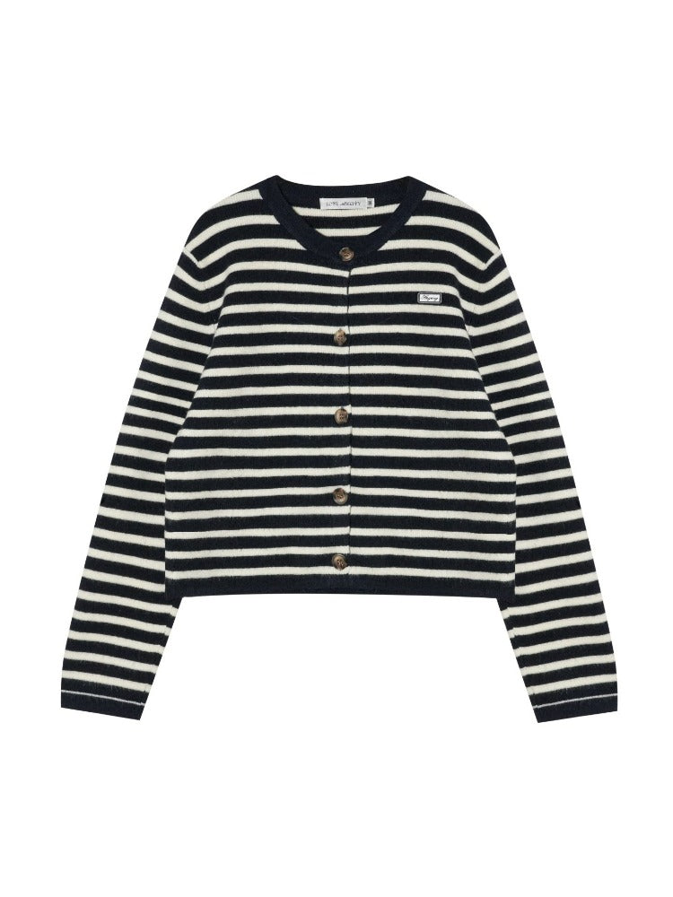 Wool Blend Striped Crewneck Knit Cardigan
