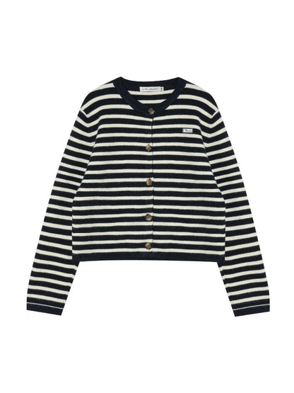 Wool Blend Striped Crewneck Knit Cardigan
