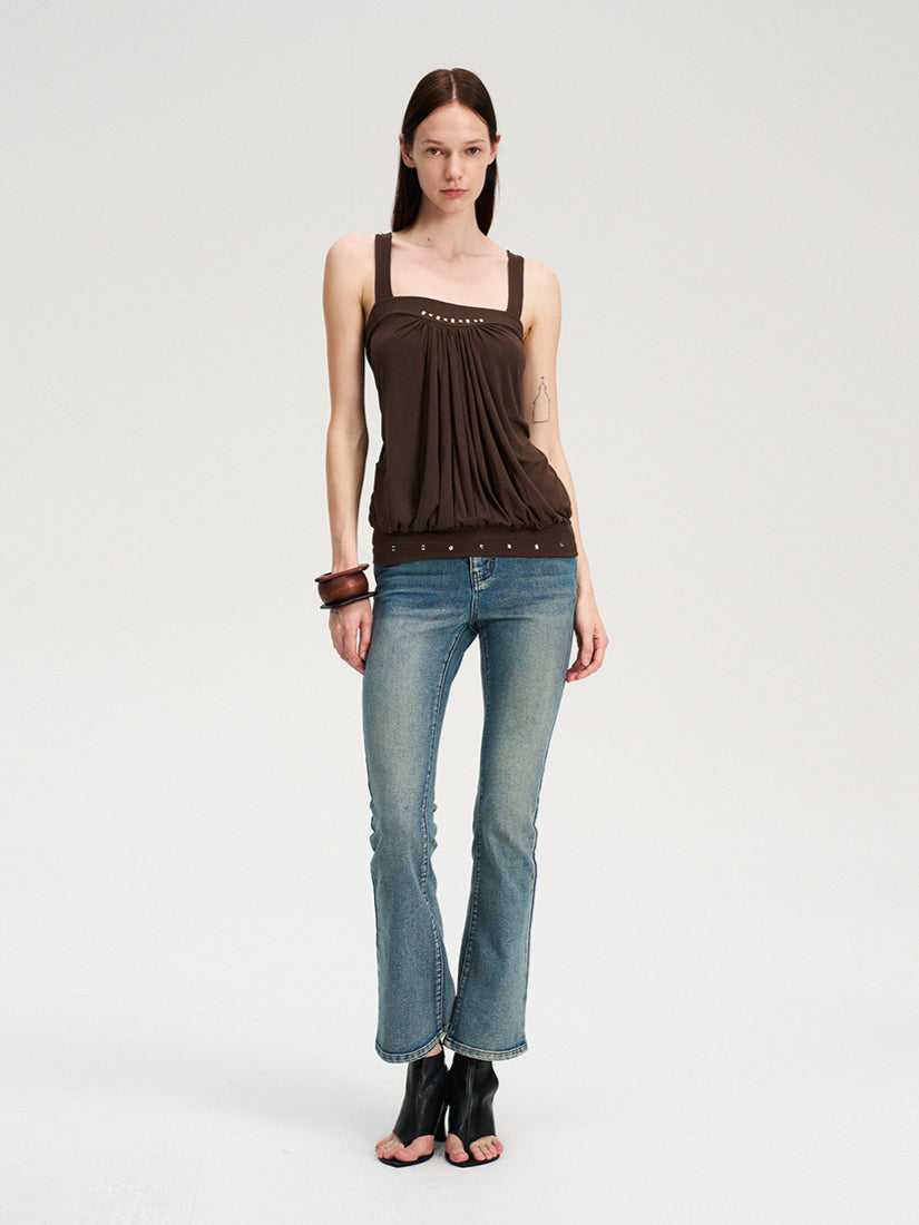 Brown Rhinestone Pleated Cross-Back Cami