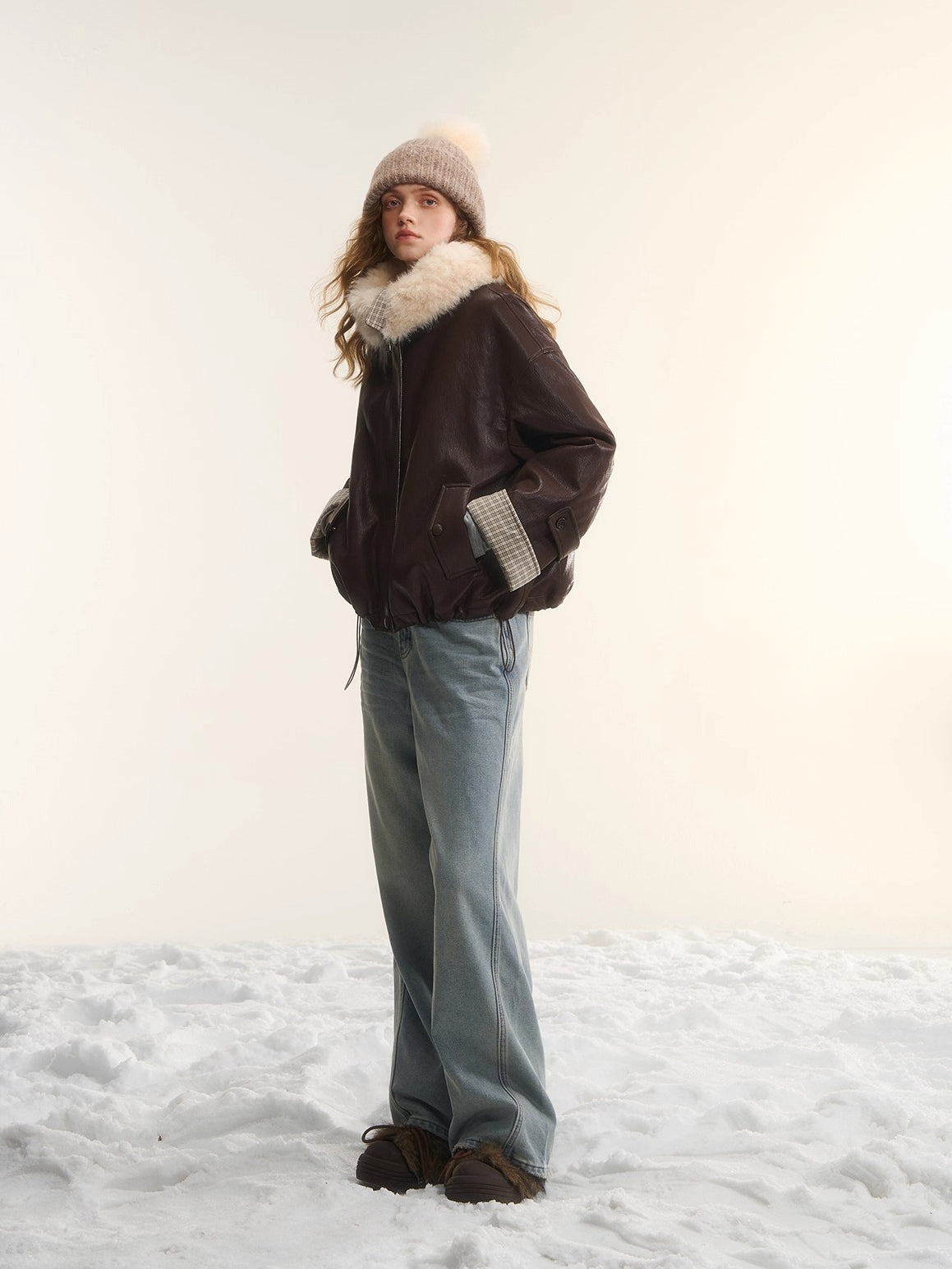 Plaid Faux Fur Collar Down Jacket