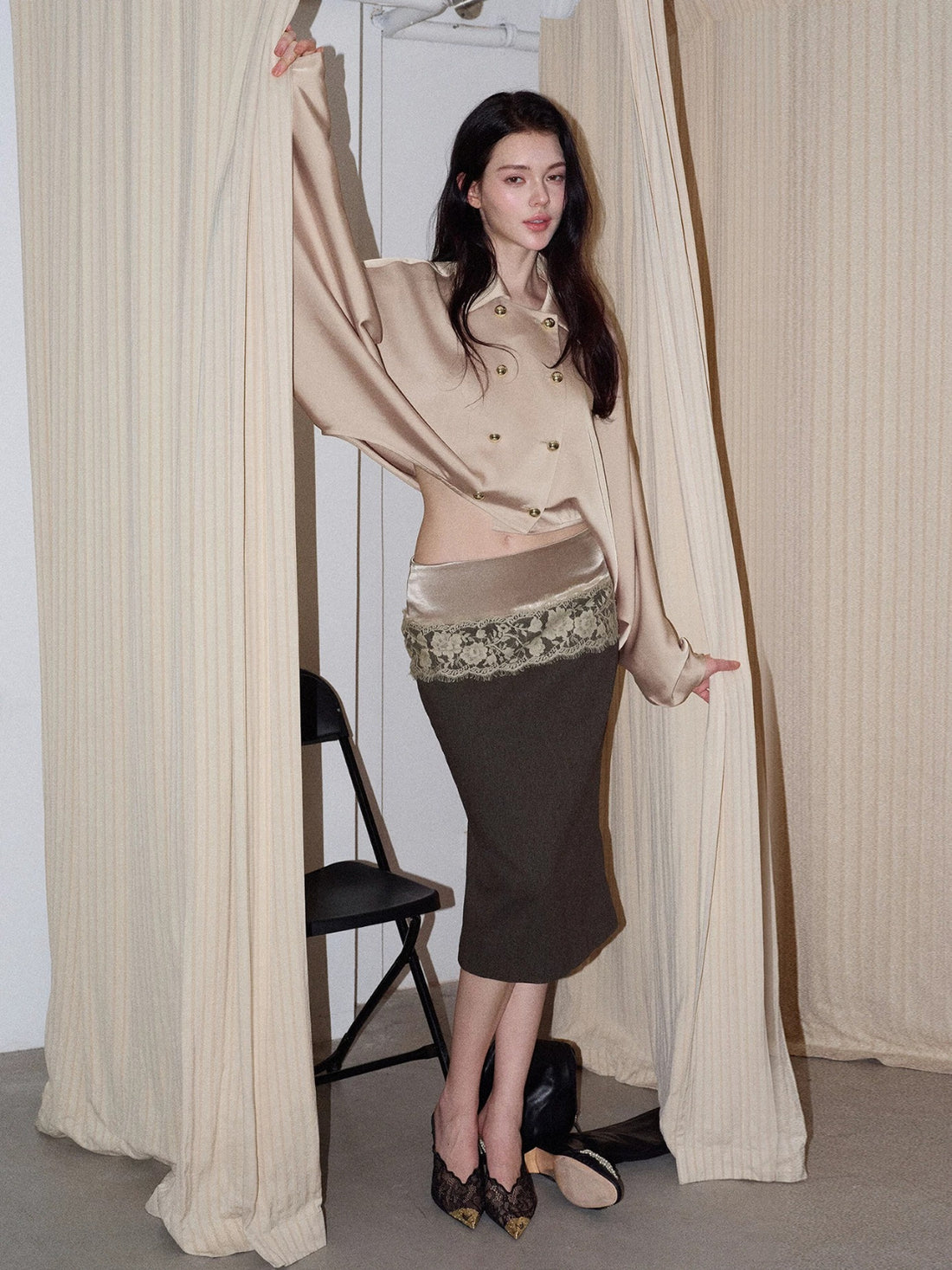 Lace Panel Midi Skirt