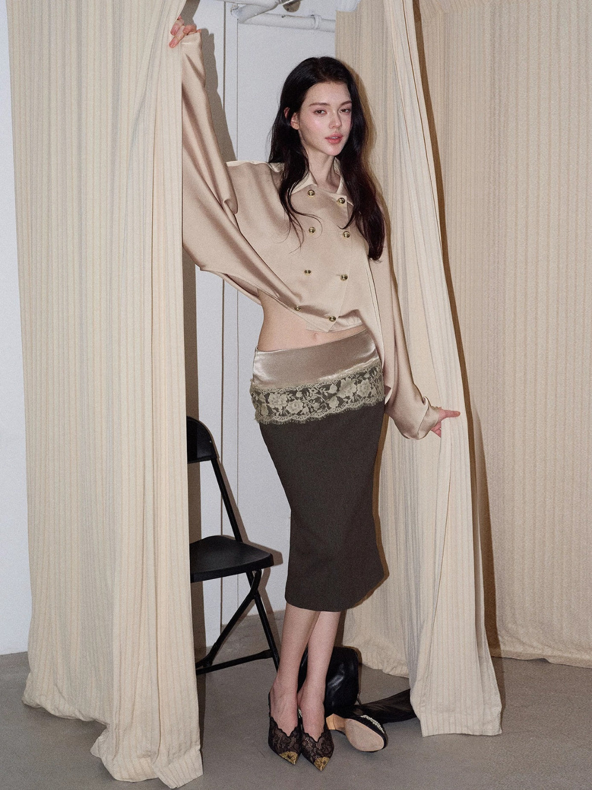Lace Panel Midi Skirt