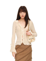Fringed Collar Fitted Knit Cardigan