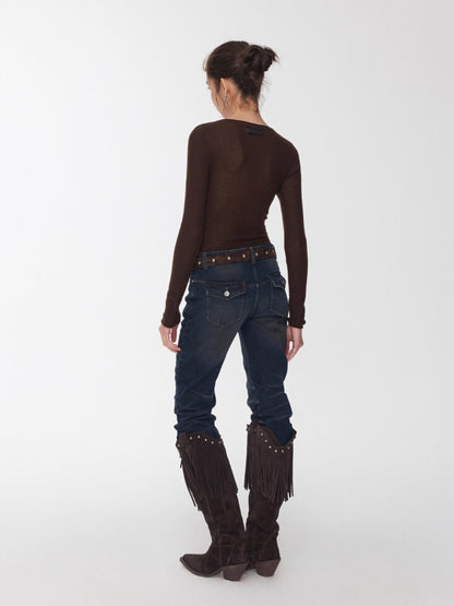Vintage Pleated Washed Denim Curved Jeans