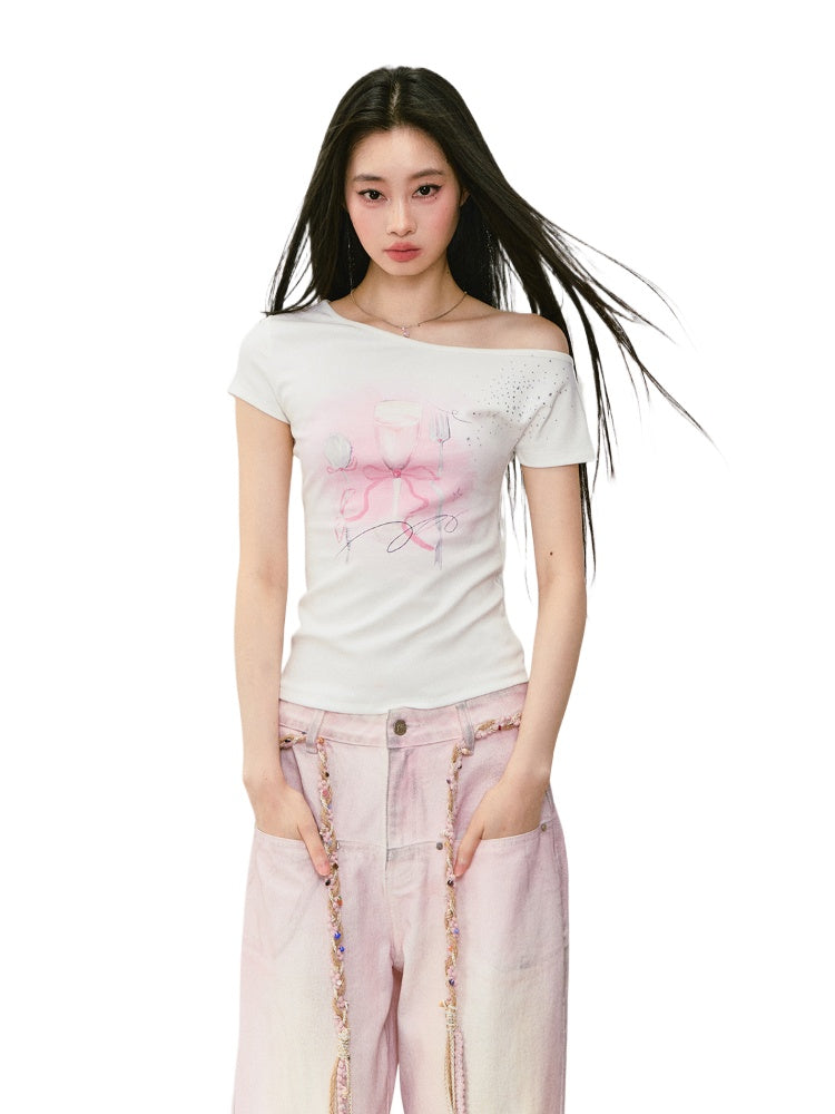 Printed Rhinestone Asymmetric Shoulder T-shirt