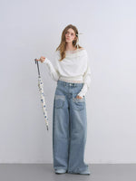 Lace Pocket Washed Curved Denim Jeans