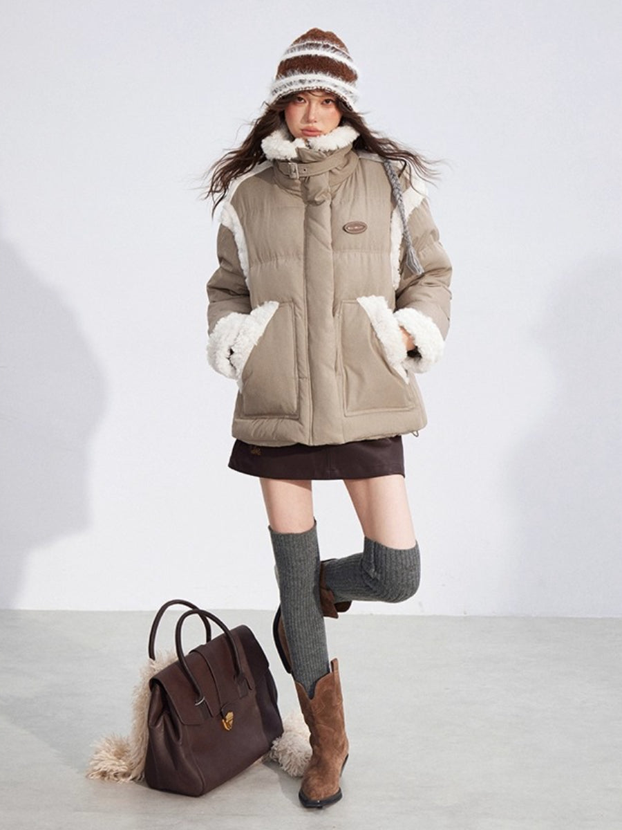 Shearling Patchwork White Down Puffer Jacket