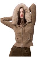 Faux Fur Collar Cable Knit Cardigan