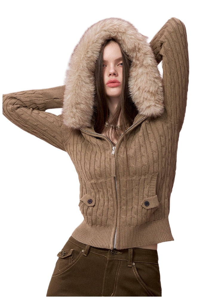 Faux Fur Collar Cable Knit Cardigan