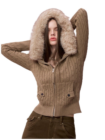 Faux Fur Collar Cable Knit Cardigan