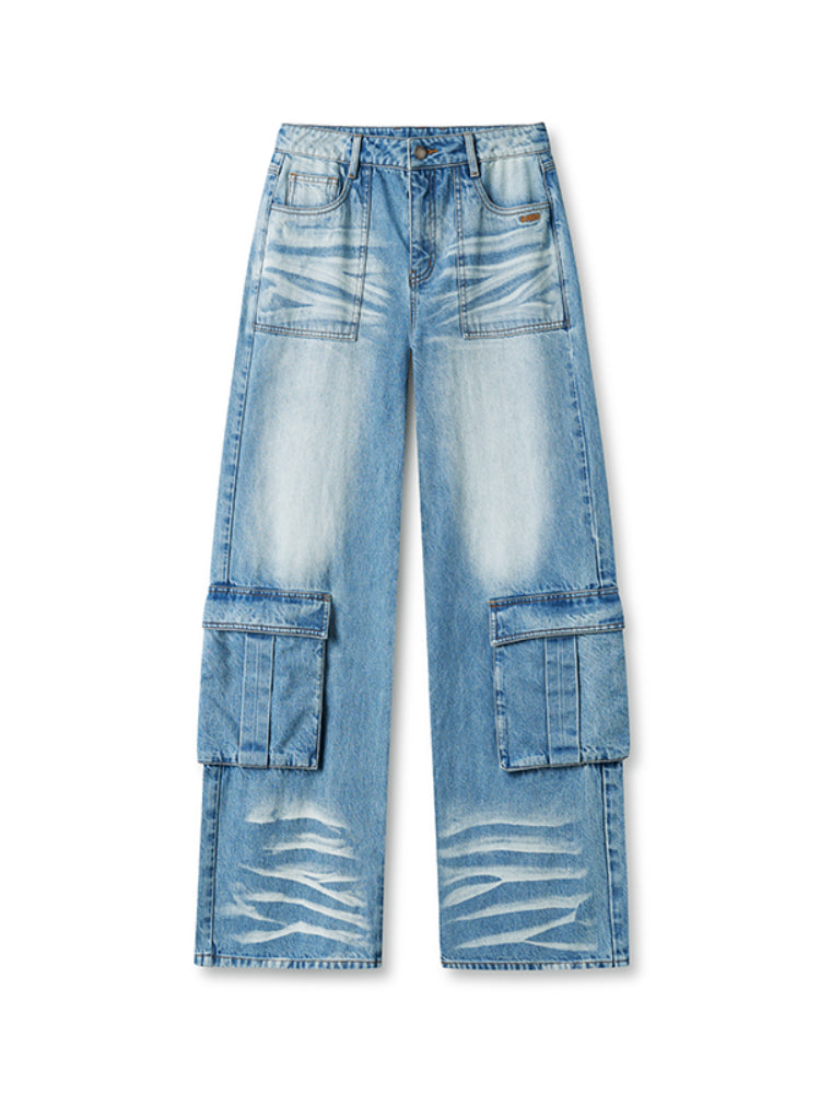 Washed Twill Denim Whisker Wide-leg Jeans