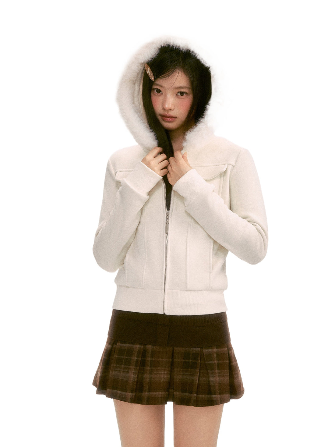 Apricot Fur-Trim Hooded Jacket