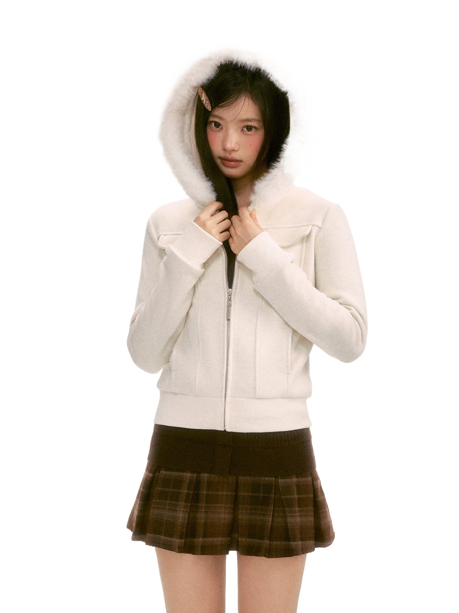 Apricot Fur-Trim Hooded Jacket