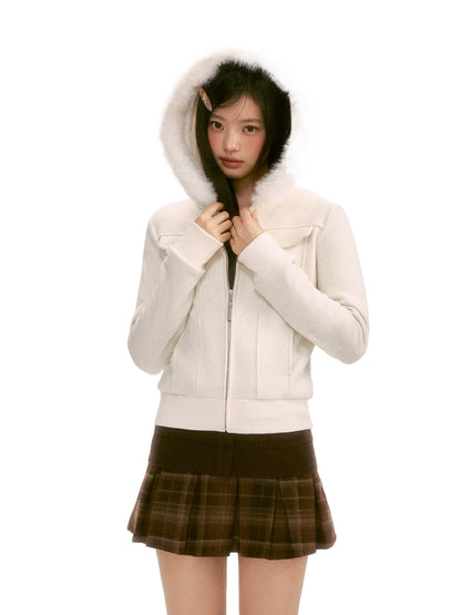 Apricot Fur-Trim Hooded Jacket