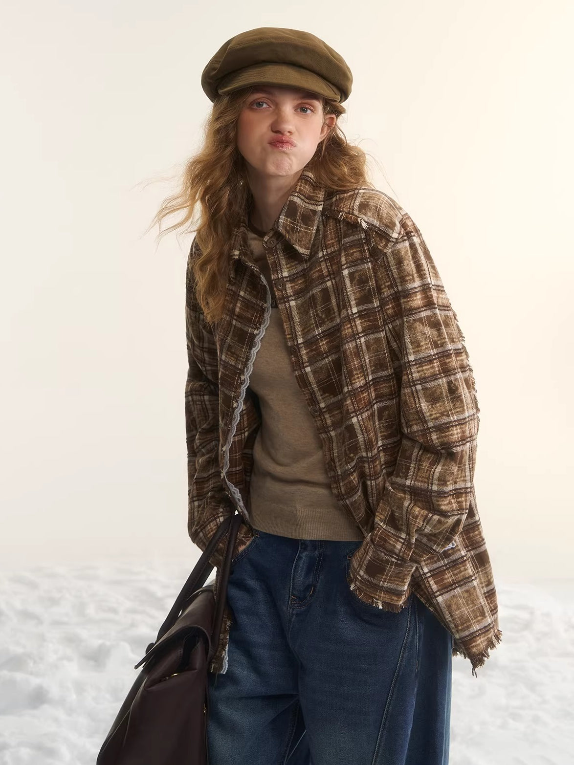 Brown Plaid Lace Trim Shirt