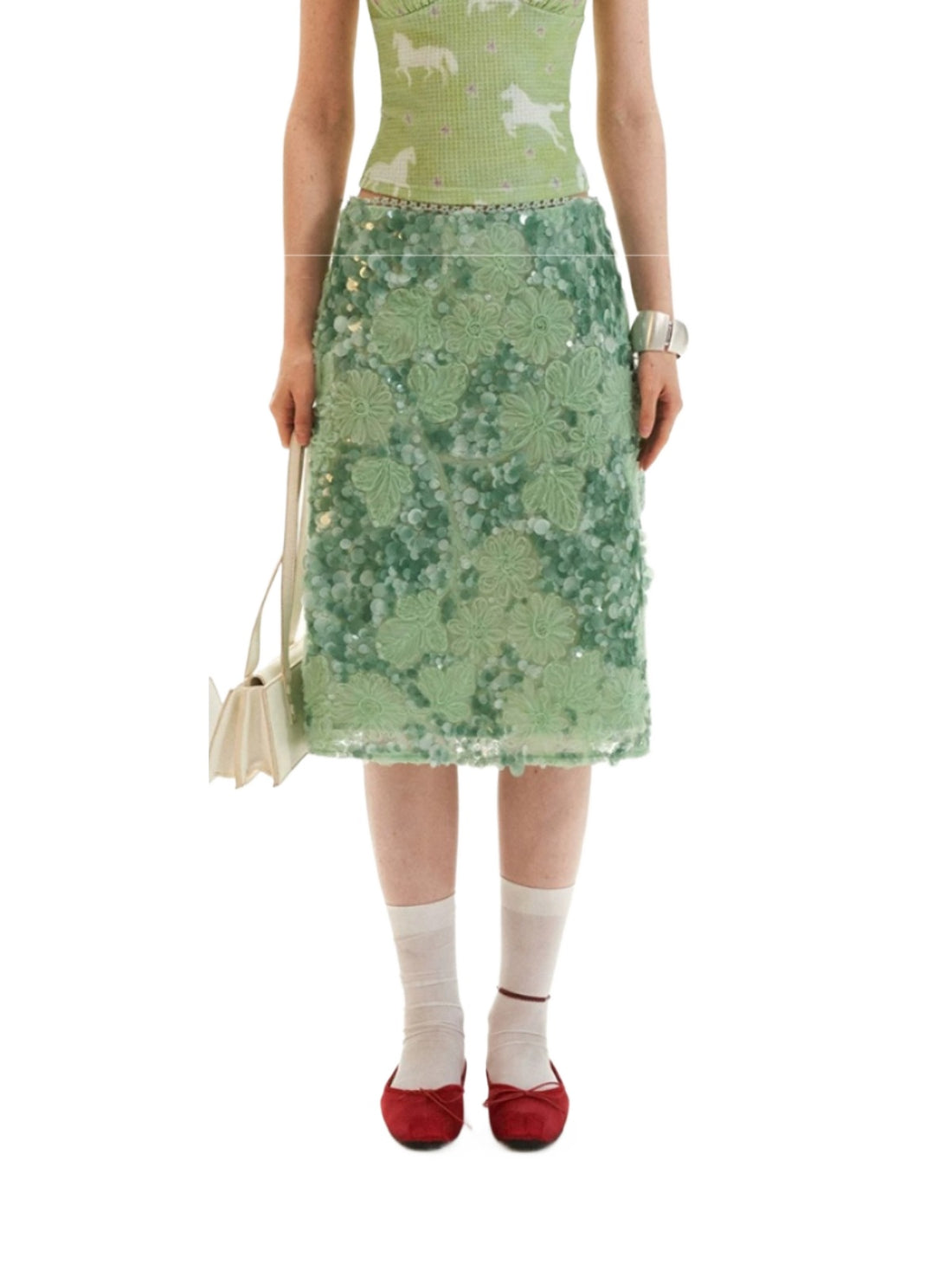 Mint Sequin Embroidered Midi Skirt