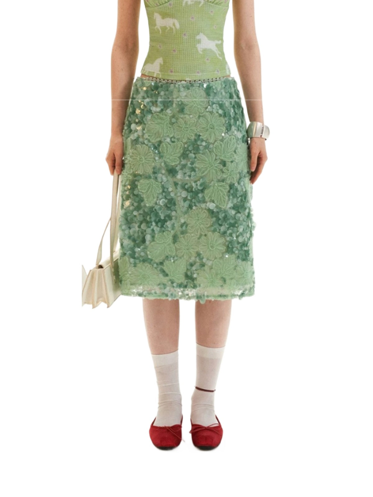 Mint Sequin Embroidered Midi Skirt