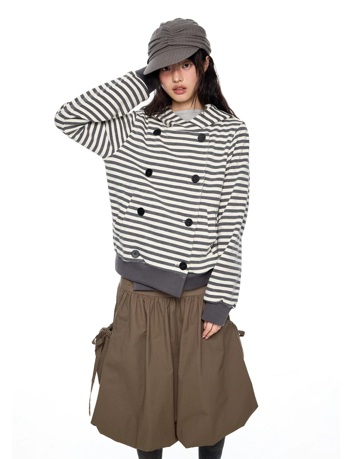 Double-Breasted Striped Hooded Cardigan