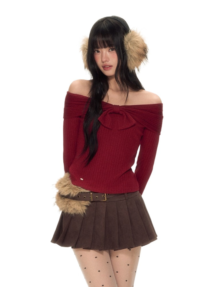 Red Off-Shoulder Bow Knit Top