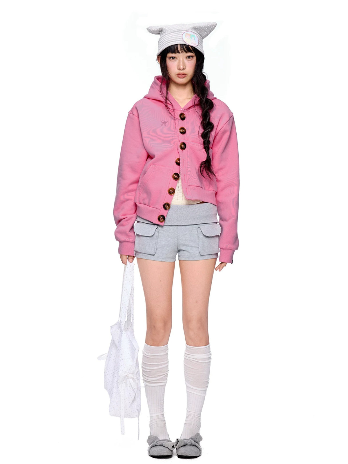 Button Embroidered Cropped Hoodie