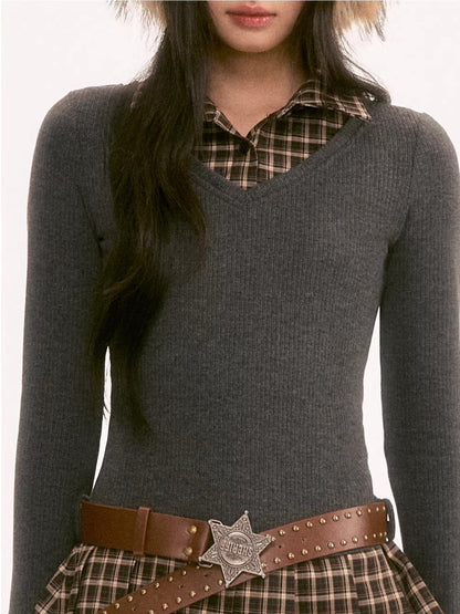 Gray Plaid Knit Midi Dress