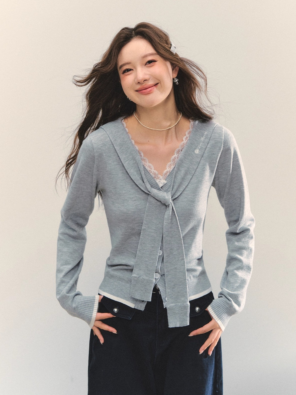 Lace-Trim Tie Knit Blouse