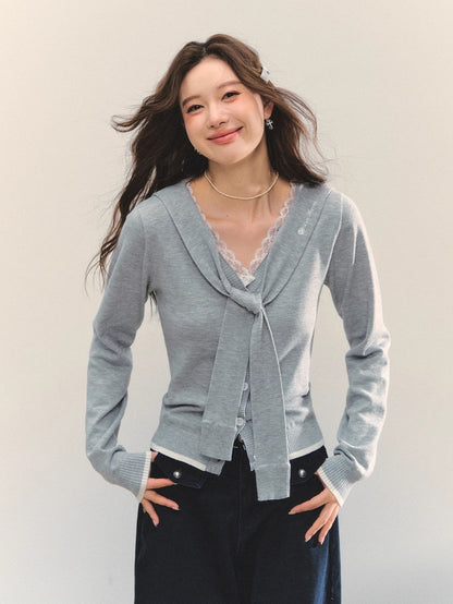 Lace-Trim Tie Knit Blouse