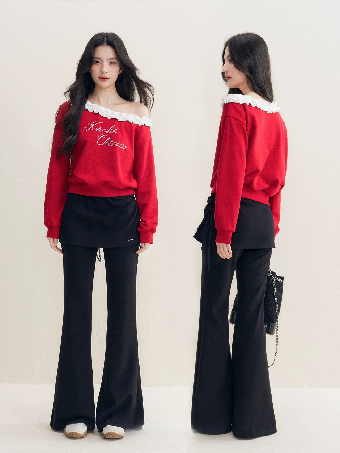 Red Pearl Ruffle Off-Shoulder Sweatshirt
