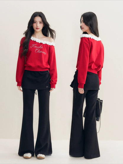 Red Pearl Ruffle Off-Shoulder Sweatshirt