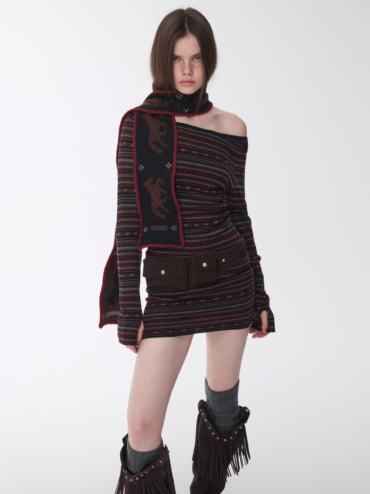 Fair Isle Off-Shoulder Jacquard Knit Dress