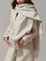 Wool-Blend Hourglass Fringe-Scarf Double-Breasted Long Coat