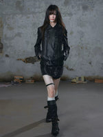 Detachable Cape Belted Leather Jacket