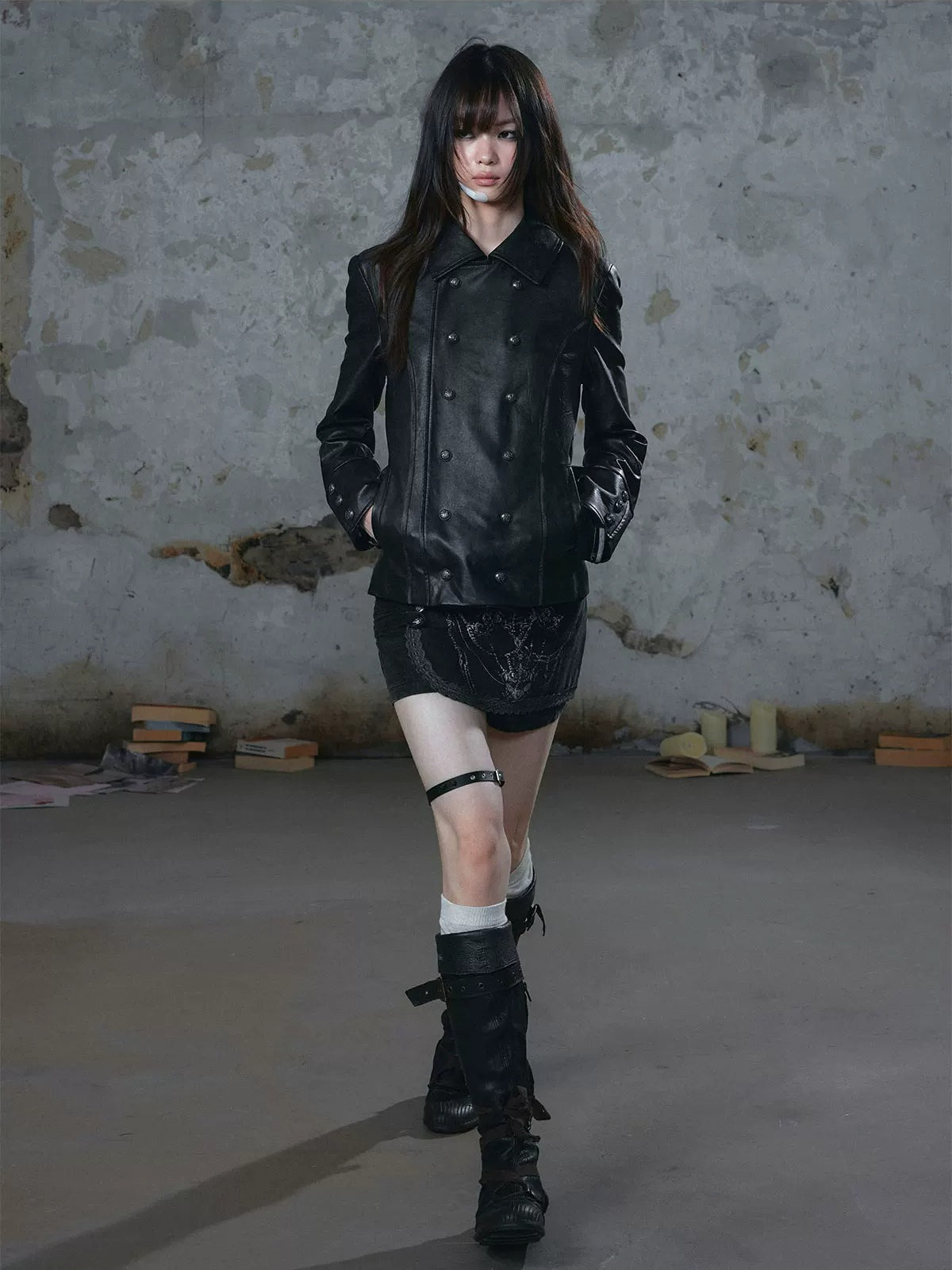 Detachable Cape Belted Leather Jacket