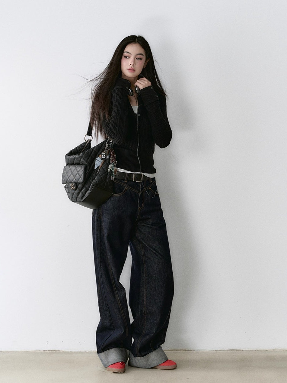 Dark Blue Raw-Hem Wide-Leg Denim Pants