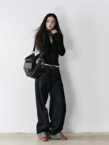 Dark Blue Raw-Hem Wide-Leg Denim Pants