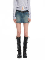 Vintage Washed Twill Patchwork Leather Straight Short Skirt