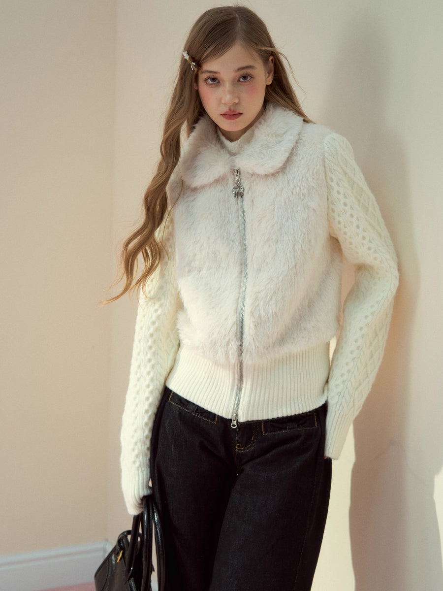 Peter Pan Collar Fleece-Lined Faux-Fur Paneled Jacket