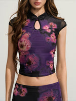 Purple Floral Cheongsam Mesh Set