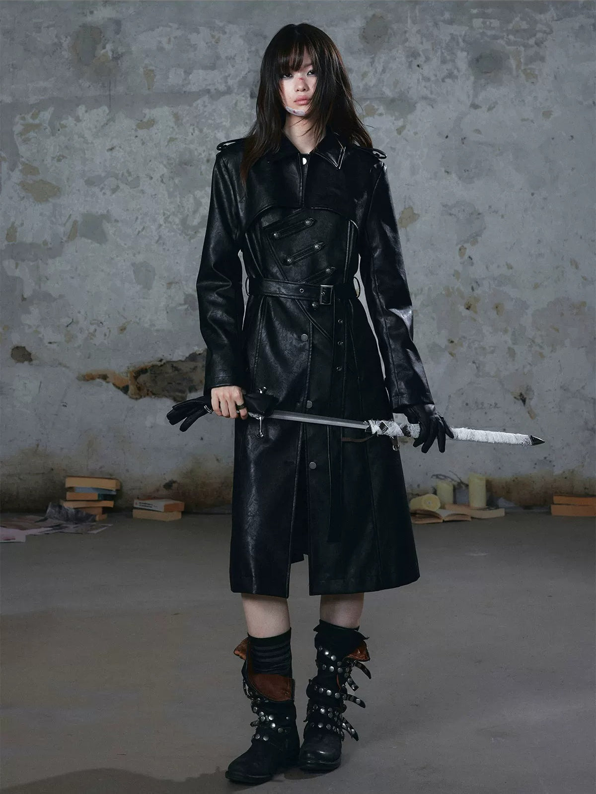 Asymmetric Knight Leather Trench Coat