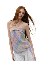 Iridescent Plaid Ruffle Bandeau Top
